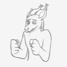 a black and white drawing of a horse with horns on its head
