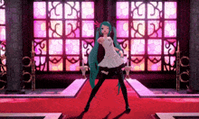 a girl with green hair is dancing in front of stained glass windows