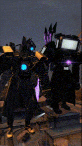 a robot with purple eyes and a blue light on its head
