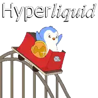 a blue and white penguin is riding a roller coaster with the word hyperfluid written below it