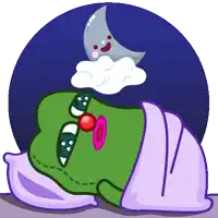a cartoon frog is sleeping under a purple blanket with a crescent moon above it