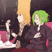 a cartoon drawing of a man smoking a cigarette next to a woman with green hair