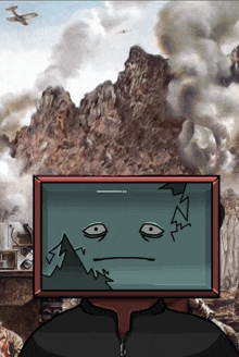 a cartoon drawing of a man with a mountain on his head