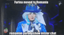 a woman in a blue and white costume is on a television screen with the caption furina moved to romania