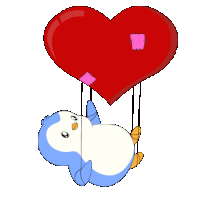 a blue and white penguin is hanging from a red heart balloon