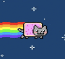 a pixel art of a cat flying through the air with a rainbow behind it