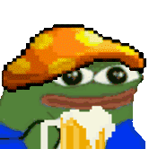 a pixel art of a frog wearing a mushroom hat and holding a beer .