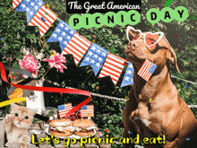 a picture of a dog and a cat with the words " let 's go picnic and eat " at the bottom