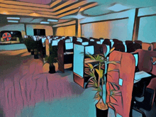 a painting of an empty office with cubicles and a plant