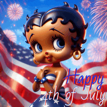betty boop says happy 4th of july in front of a fireworks display