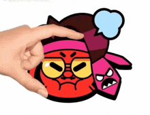 a person is touching a cartoon character with a speech bubble .