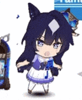 a cartoon girl with long black hair is standing next to a jukebox and holding a music note .