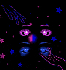 a drawing of a woman 's face with purple eyes and blue stars