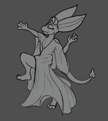 a black and white drawing of a rabbit with a long tail