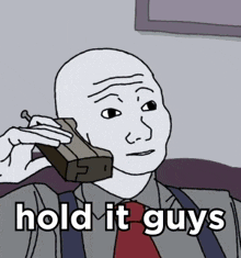 a cartoon of a man talking on a cell phone with the words hold it guys underneath him