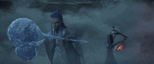 a man with long blue hair is holding a sword in his right hand