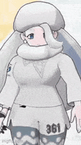 a cartoon character wearing a white sweater and scarf is standing in the snow .