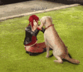 a woman petting a dog in a video game that says talk on the bottom