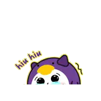 a sticker of a purple penguin crying with the words hiu hiu below it