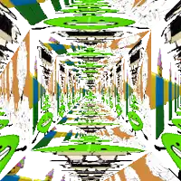 a painting of a hallway with a green circle in the middle that says ' a ' on it