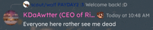 a screenshot of a conversation between kdaawriter and scout/wolf payday2.3
