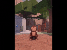 a cartoon monkey is standing in the dirt in front of a handicapped toilet