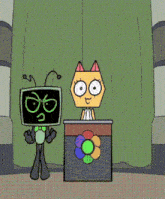 two cartoon characters standing next to each other in front of a green curtain .