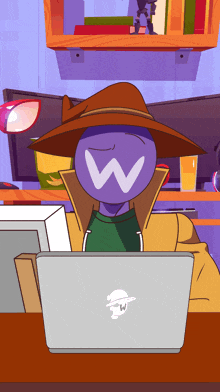 a cartoon character with the letter w on his face is sitting at a desk with a laptop