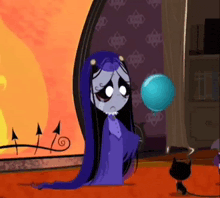 a cartoon character is holding a blue balloon and a cat is standing next to her .