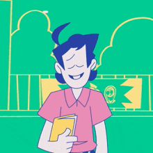 a cartoon drawing of a woman holding a book