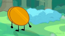 a coin with arms and legs is standing in front of a pond