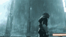 a man in a hooded jacket holding a lightsaber in the rain