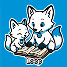 a cartoon of two foxes reading a book with the word loop in the corner
