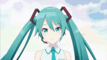 hatsune miku looks at the camera with a microphone in her ears
