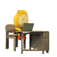 a cartoon character sits at a desk with a laptop and the words in a meeting below him