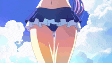 a girl in a blue skirt stands in front of a blue sky with clouds