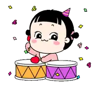a cartoon girl is playing a drum with a party hat on her head .