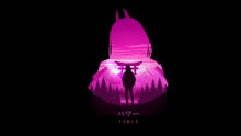 a silhouette of a girl with horns standing in front of a torii gate in a forest .