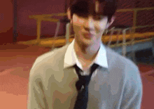 a blurry picture of a man wearing a tie and sweater .