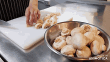 a person cutting mushrooms on a cutting board next to a bowl of mushrooms made in animotica