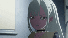 a girl with white hair and a choker looks angry