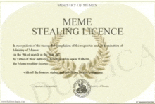 a certificate from the ministry of memes that says meme stealing licence on it