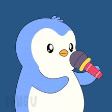 a penguin singing into a microphone with the words nobody cares in the background