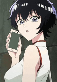 a girl with purple eyes is holding a cell phone