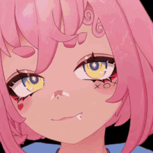 a close up of a girl 's face with a x on her face