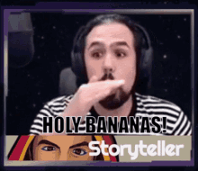 a man wearing headphones and a striped shirt says holy bananas