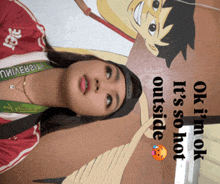 a girl with braces on her teeth is standing in front of a picture of a man with a sword