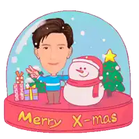 a cartoon of a man standing next to a snowman with the words merry x-mas on the bottom