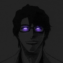 a black and white drawing of a man with glasses and purple eyes