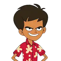 a cartoon character wearing a red shirt with yellow flowers